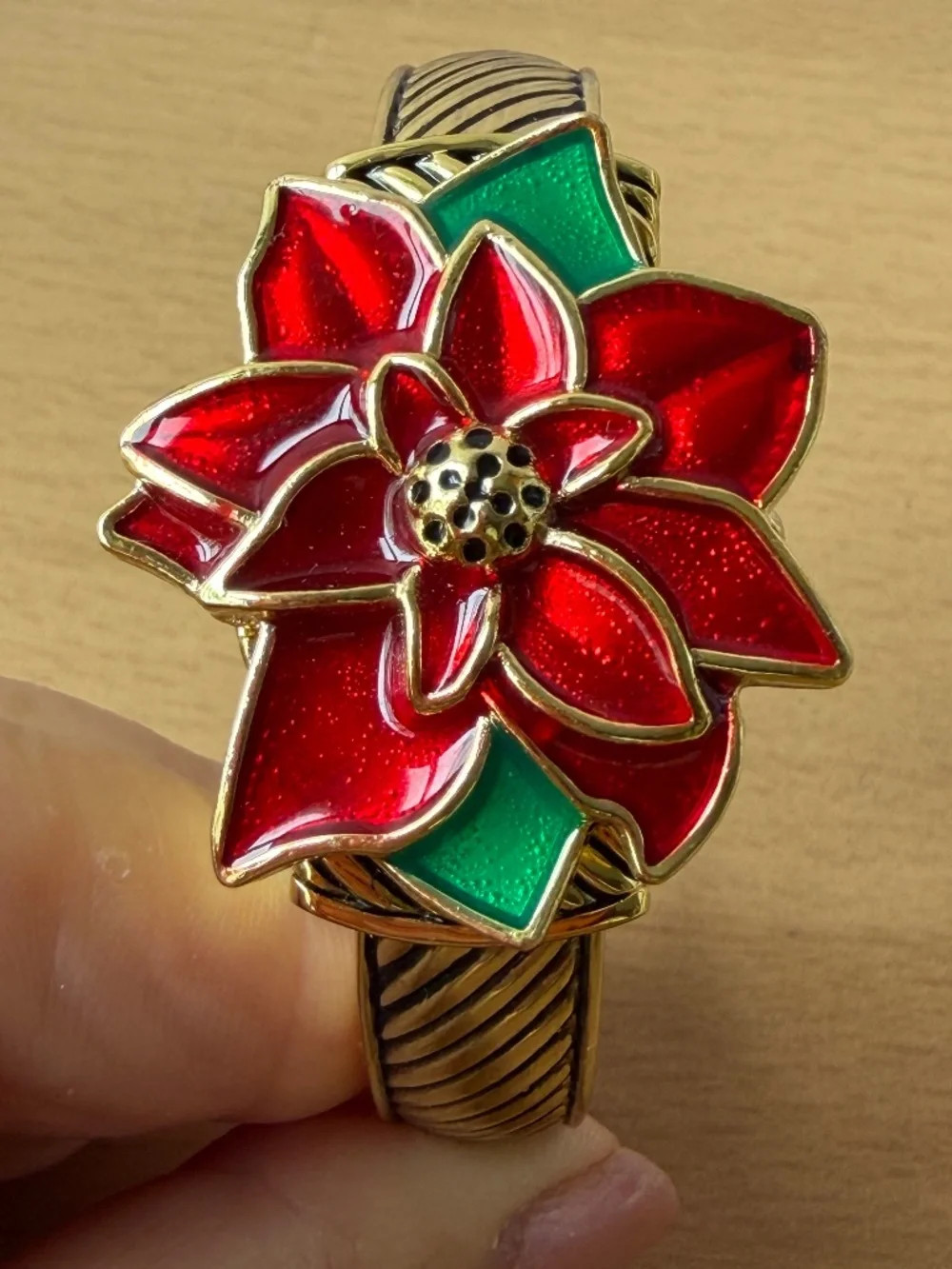 Red Poinsettia Flower Hidden Watch GoldTone Hinged Cuff Bracelet Brand New